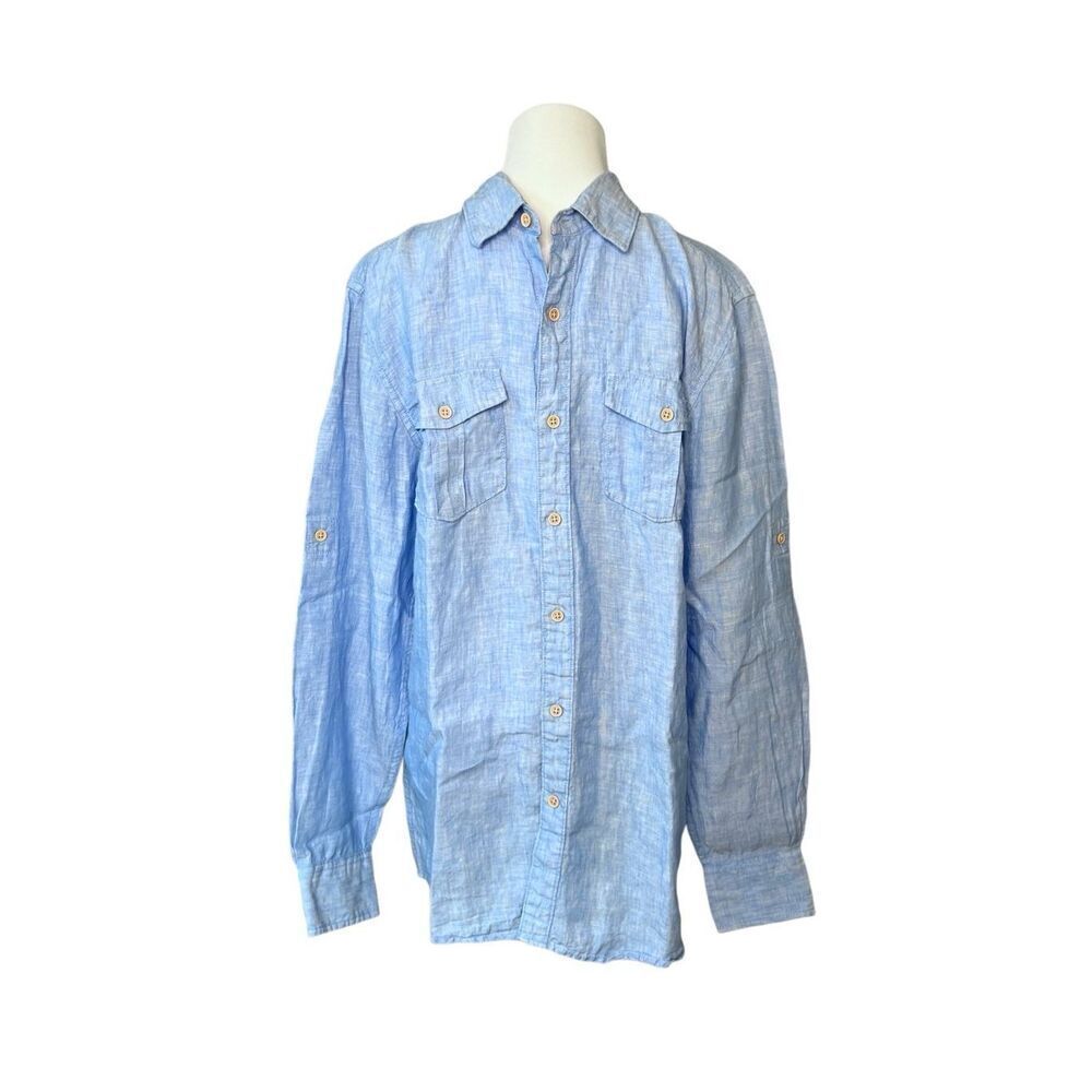 Ocean & Coast Blue Spread Collar Tab Sleeve Button Up Linen Shirt sz MEDIUM‎